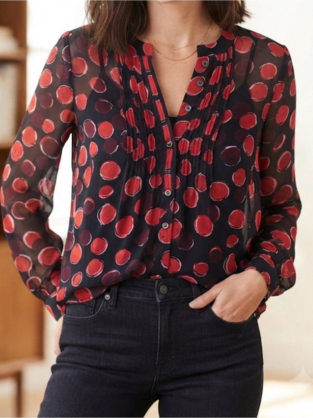Banana Republic Black Red Wild Cherry Polka Dot Sheer Blouse & Cami Set Medium